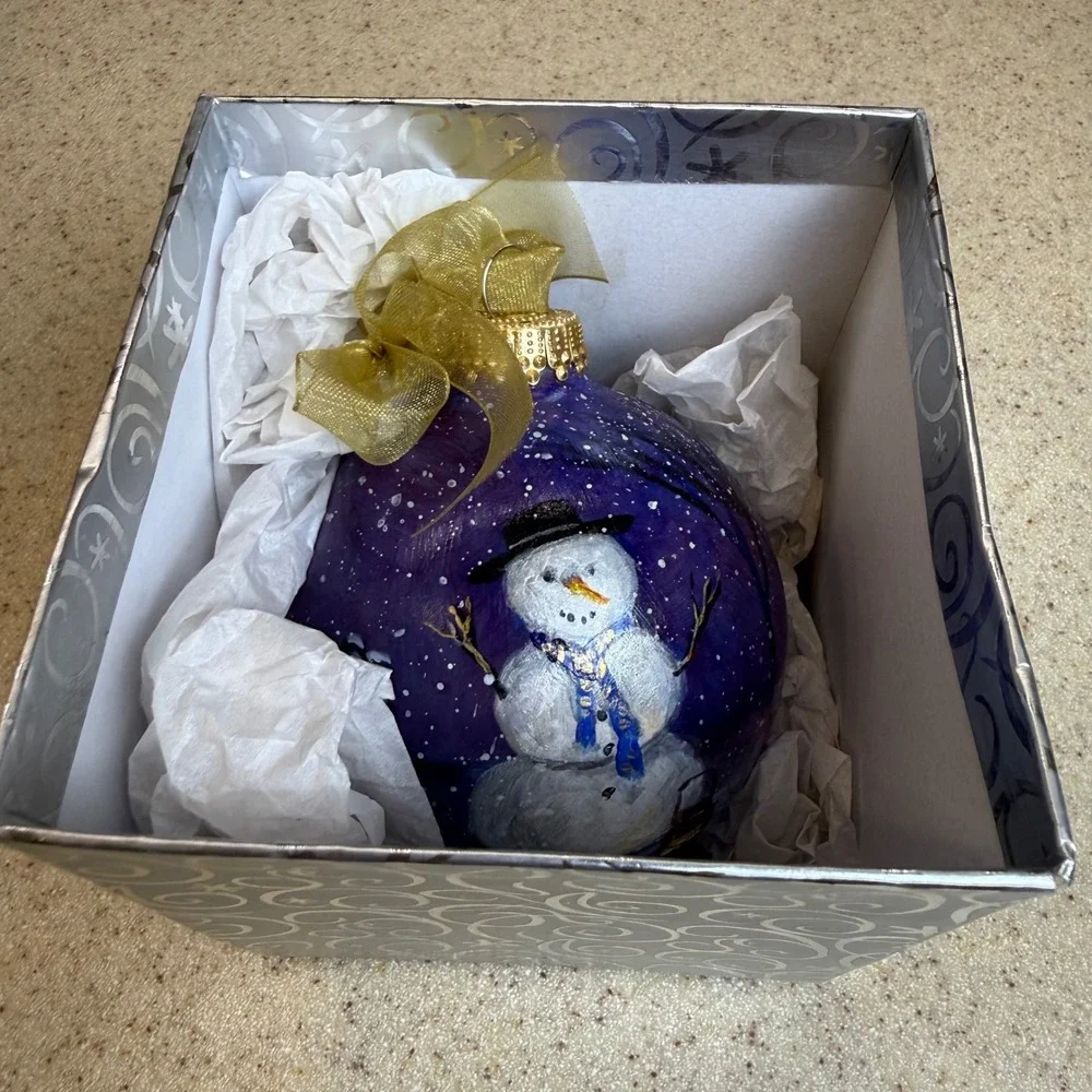 Freiman Stoltzfus Hand Painted Snowman Glass Christmas Ornament Signed 2010 Box